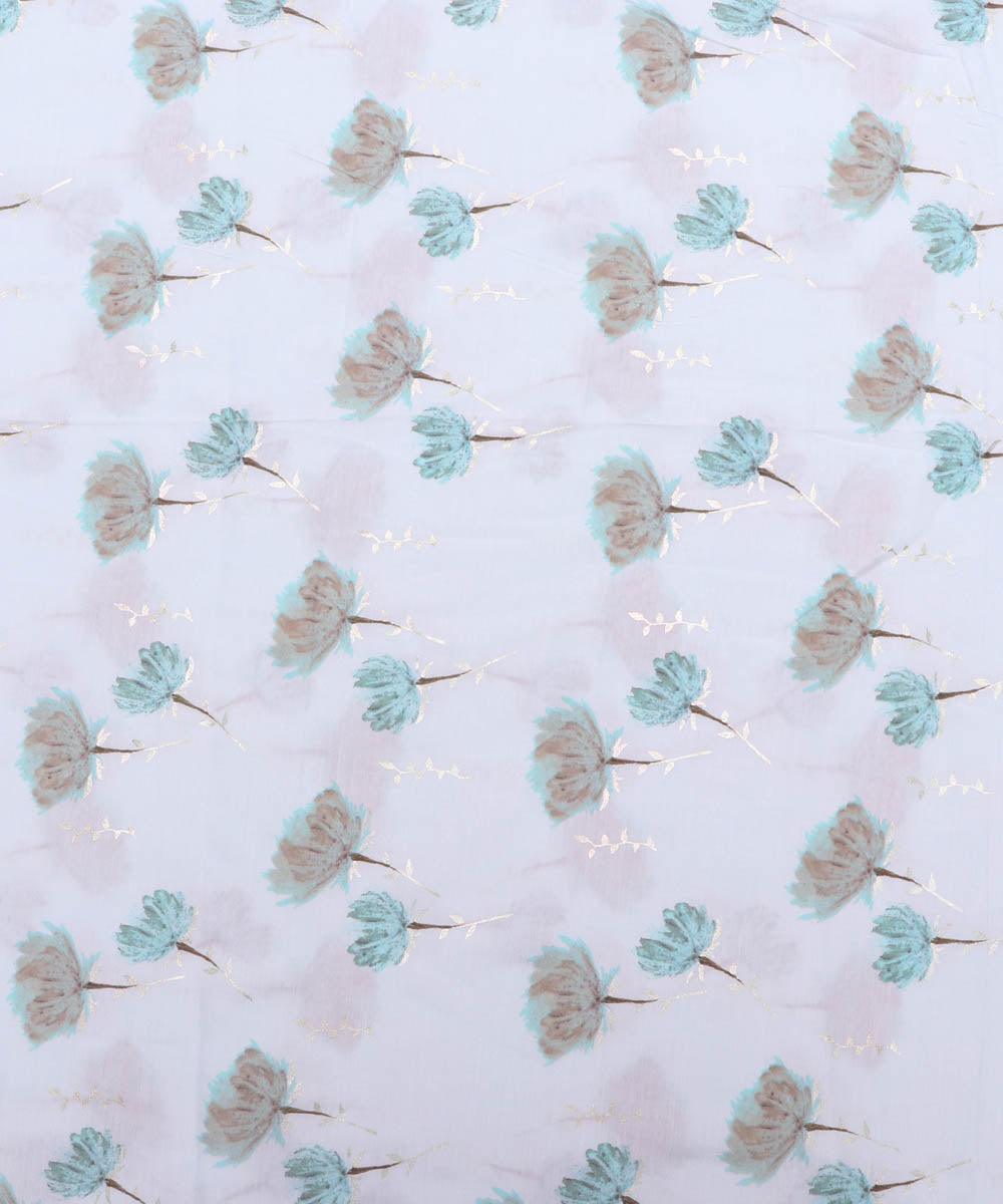White Colour Floral Print Viscose Modal Cotton Silk Fabric - Fabric Dekho