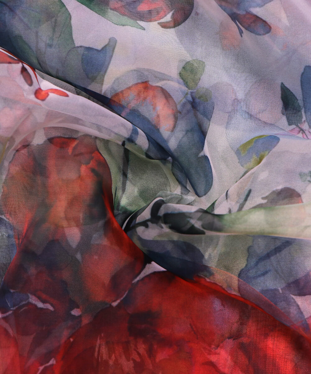 Red Colour Flower Digital Print Organza Fabric