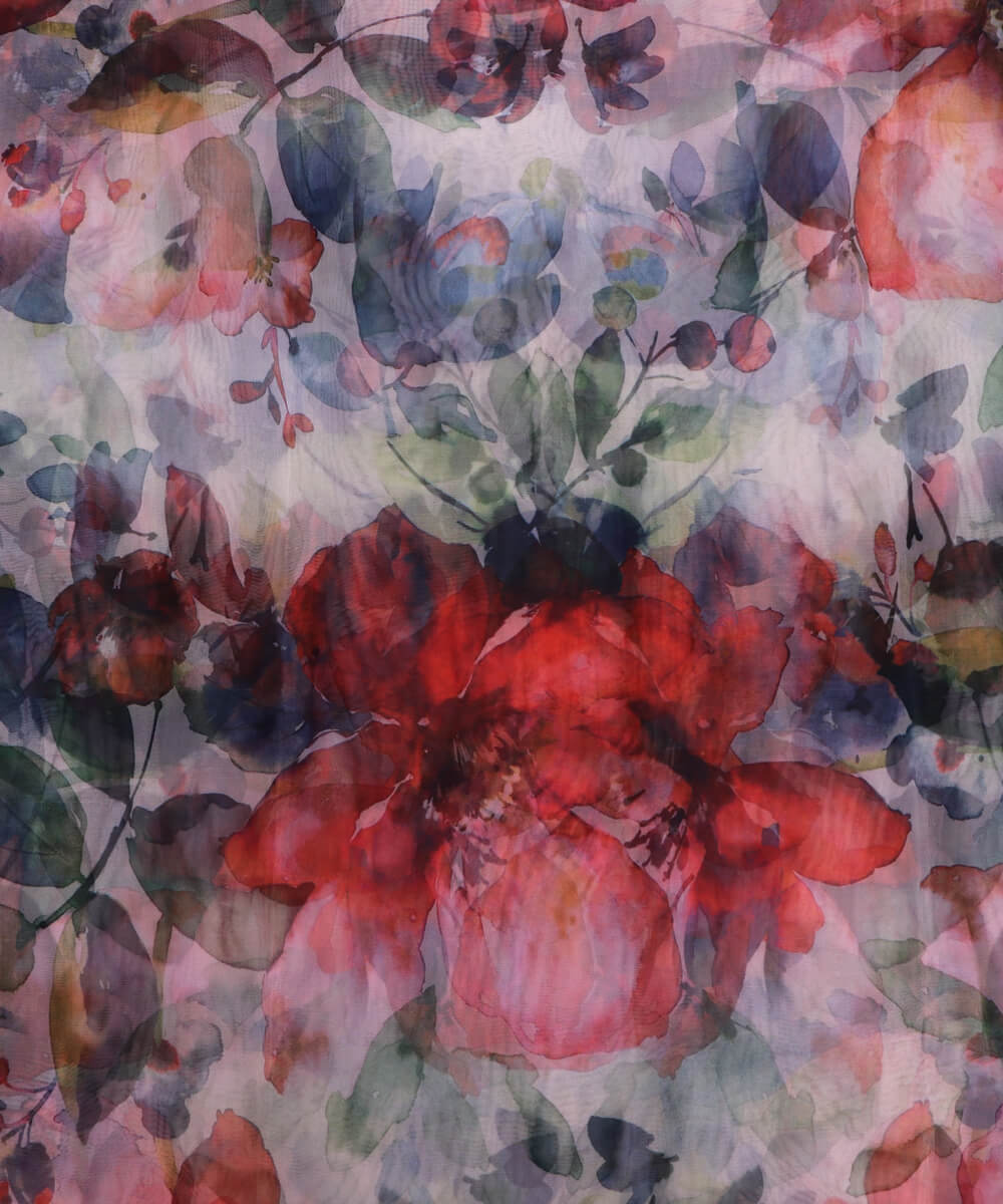 Red Colour Flower Digital Print Organza Fabric