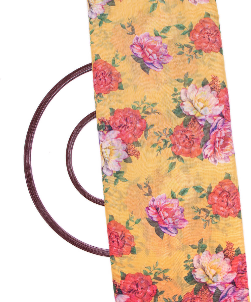 Yellow Colour Floral Print Chanderi Silk Fabric