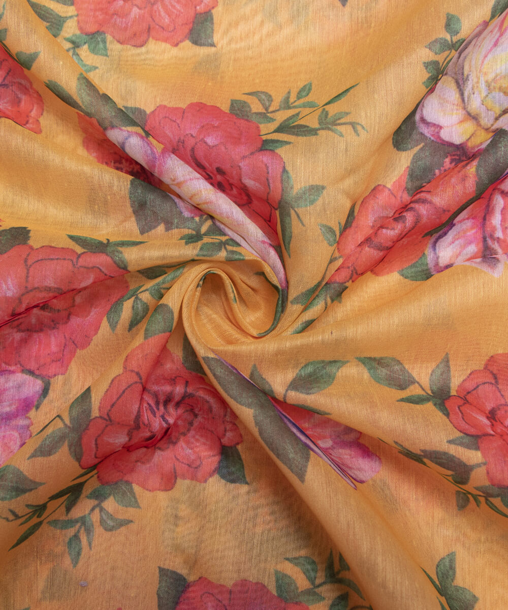 Yellow Colour Floral Print Chanderi Silk Fabric