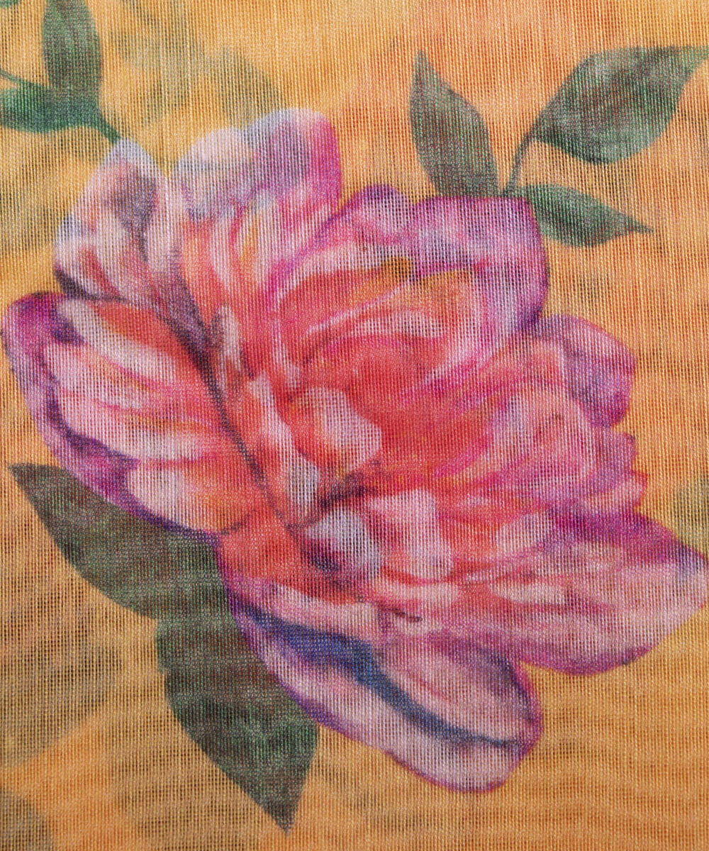 Yellow Colour Floral Print Chanderi Silk Fabric