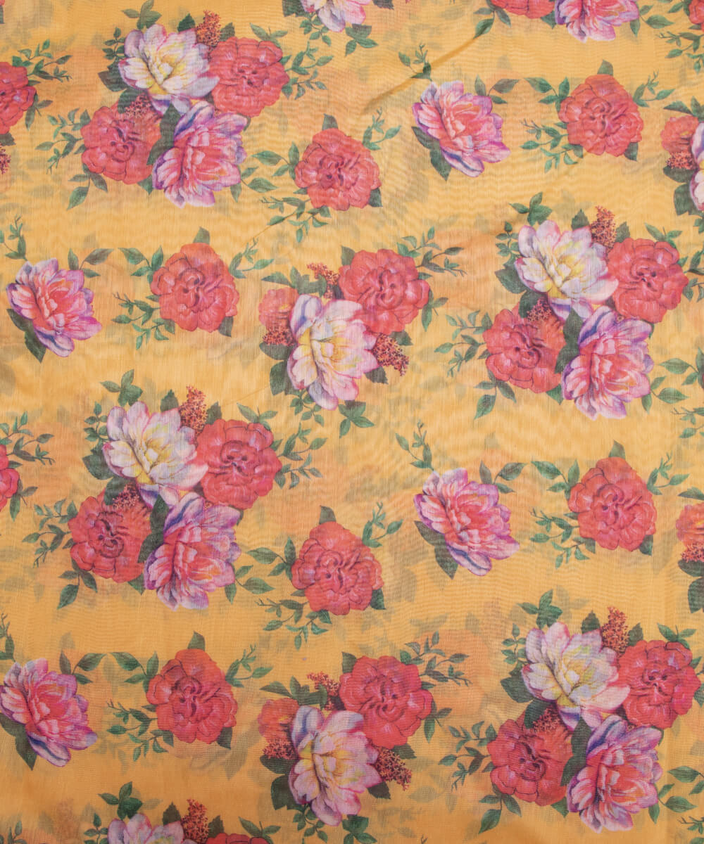 Yellow Colour Floral Print Chanderi Silk Fabric
