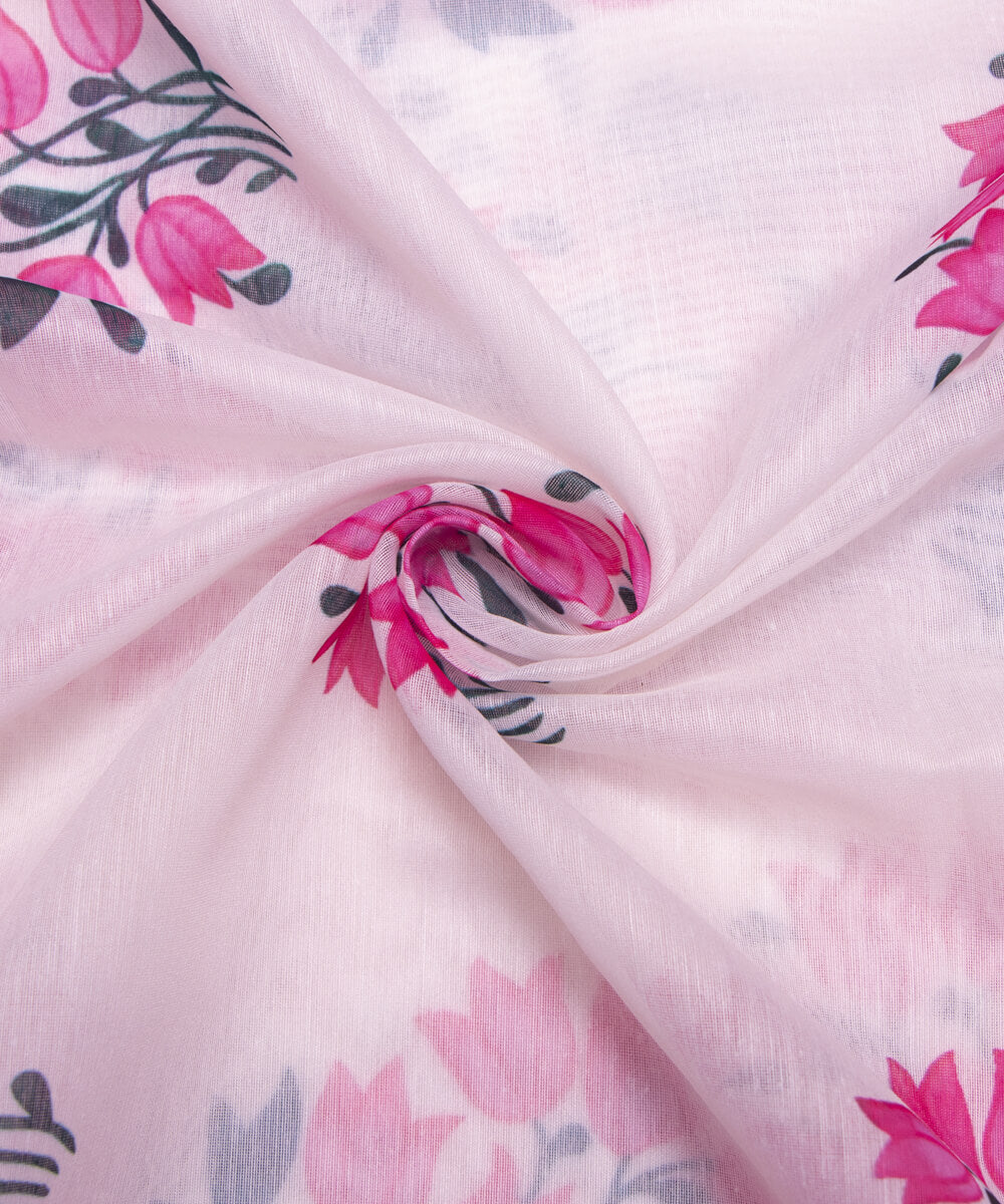 White Colour Floral Print Chanderi Silk Fabric