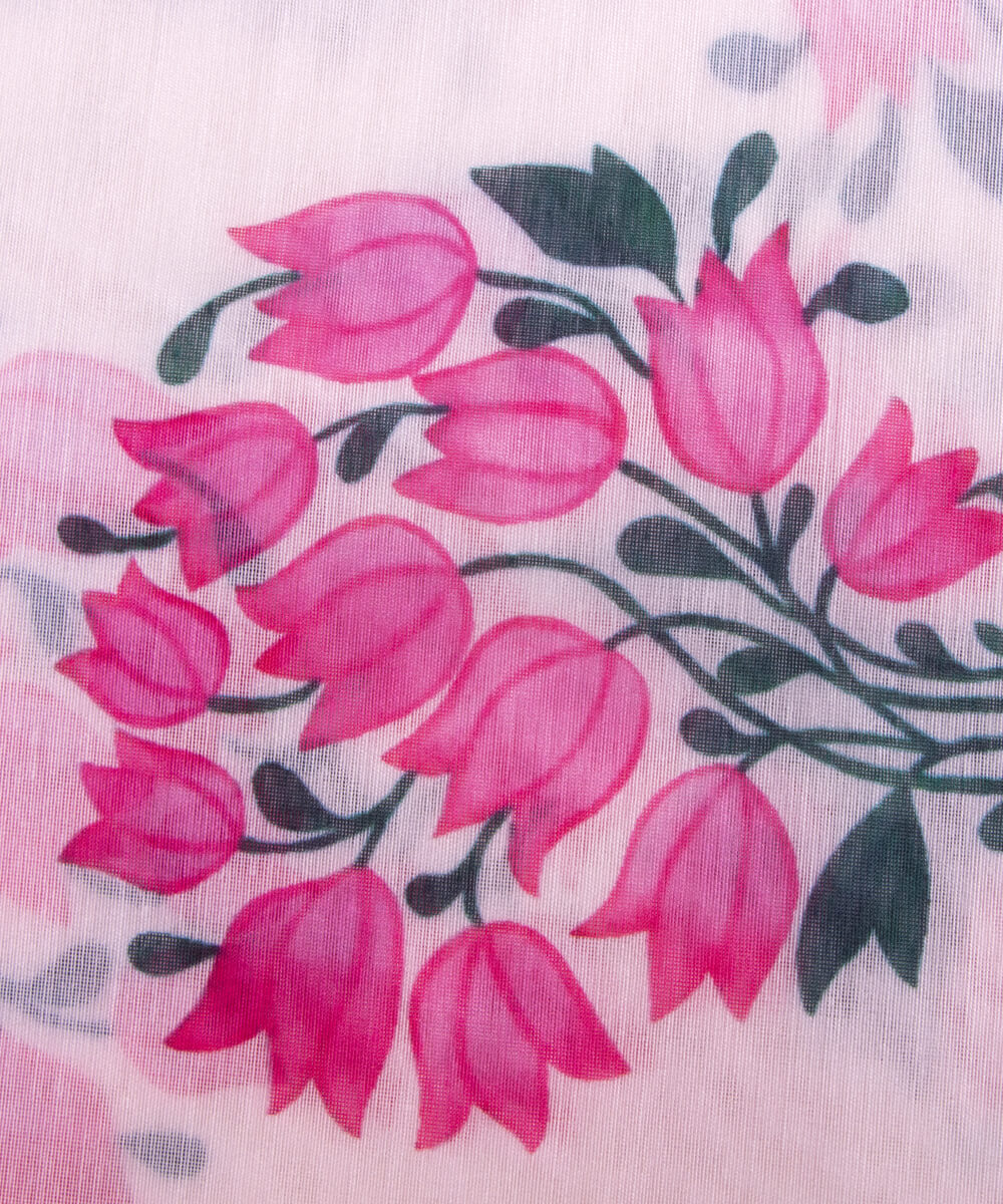 White Colour Floral Print Chanderi Silk Fabric