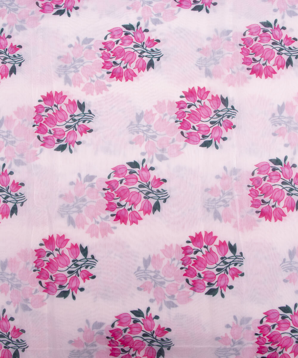 White Colour Floral Print Chanderi Silk Fabric