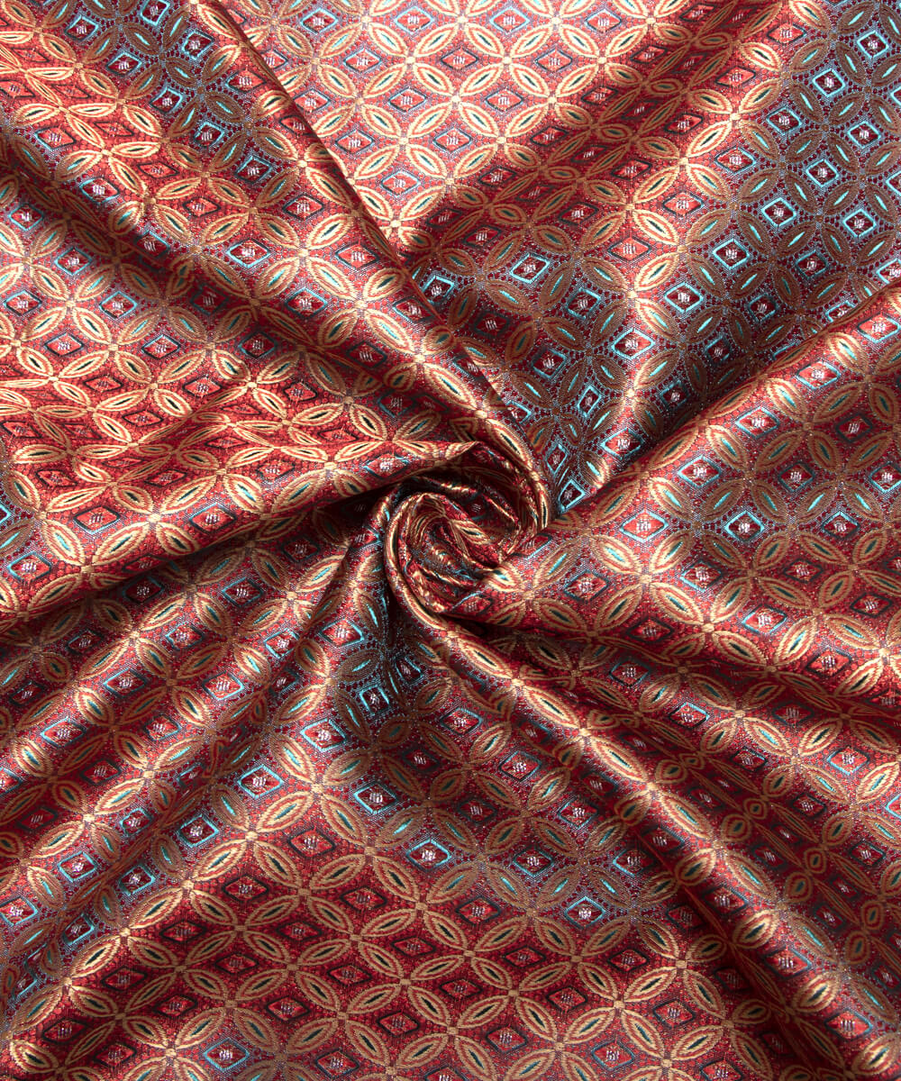 Multi Colour Two Tone Geometric Pattern Satin Brocade Silk Fabric