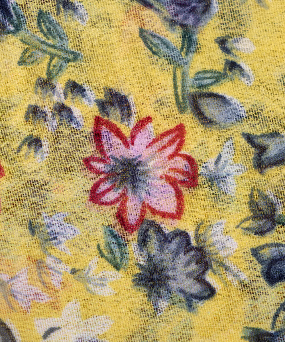 Yellow Colour Floral Print Georgette Fabric