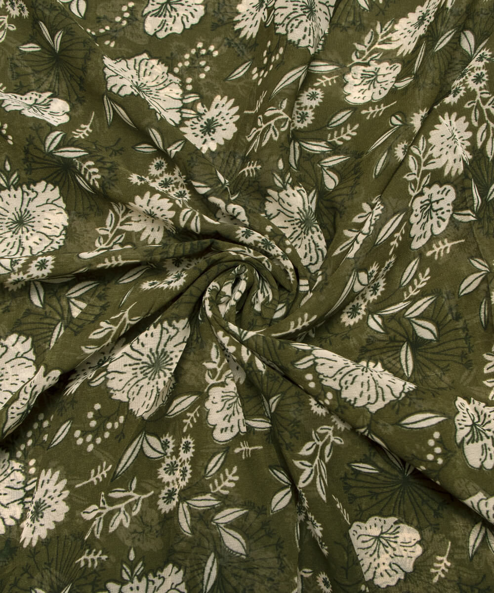 Dark Green Color Printed Georgette Fabric