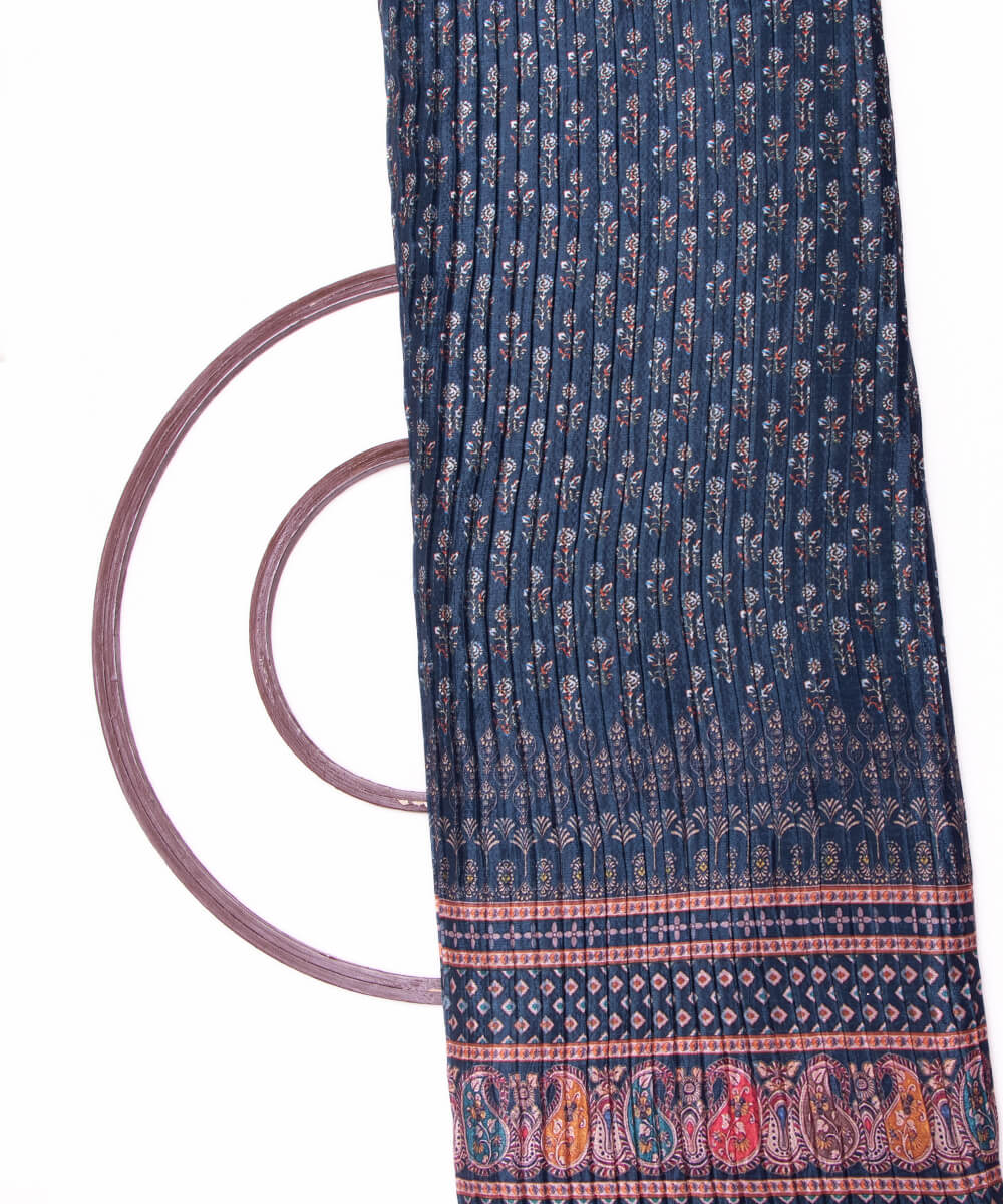 Deep Teal Colour Paisley Print Pleated Chinon Fabric