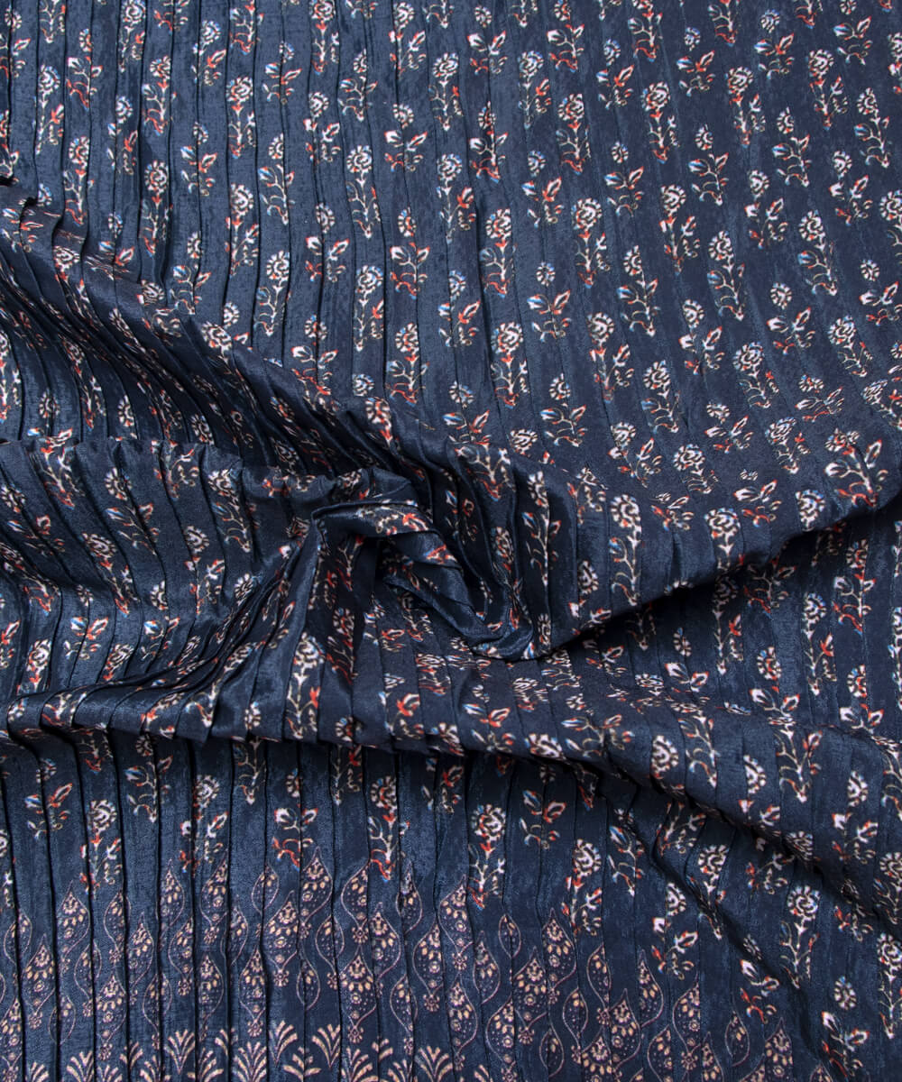 Deep Teal Colour Paisley Print Pleated Chinon Fabric