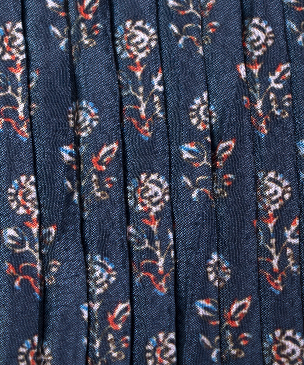 Deep Teal Colour Paisley Print Pleated Chinon Fabric