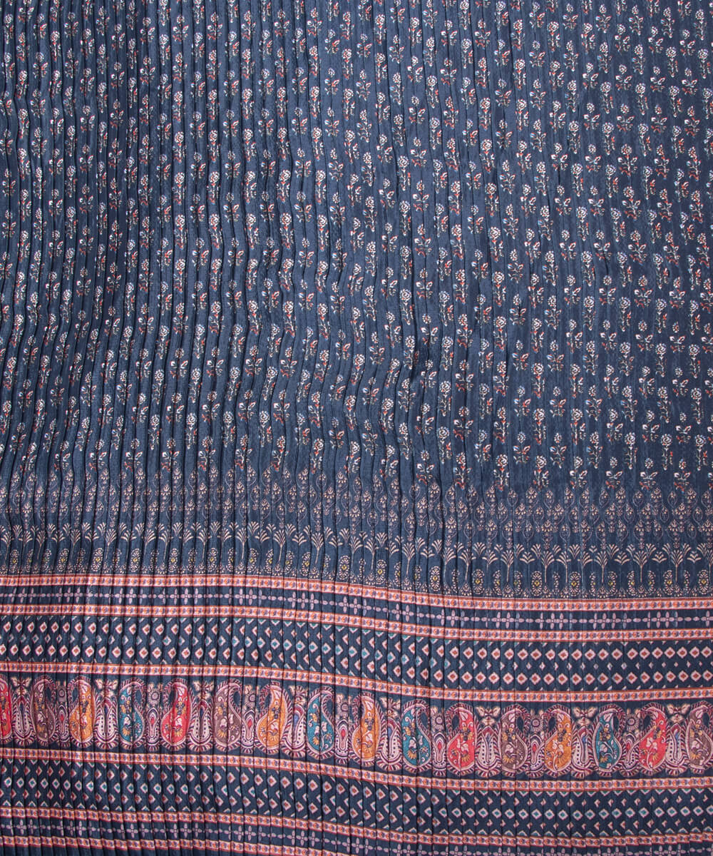 Deep Teal Colour Paisley Print Pleated Chinon Fabric