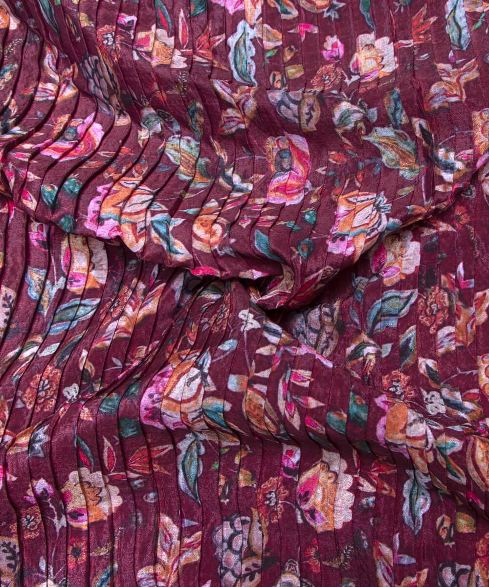 Dark Brown Colour Floral Digital Print Pleated Chinon Fabric
