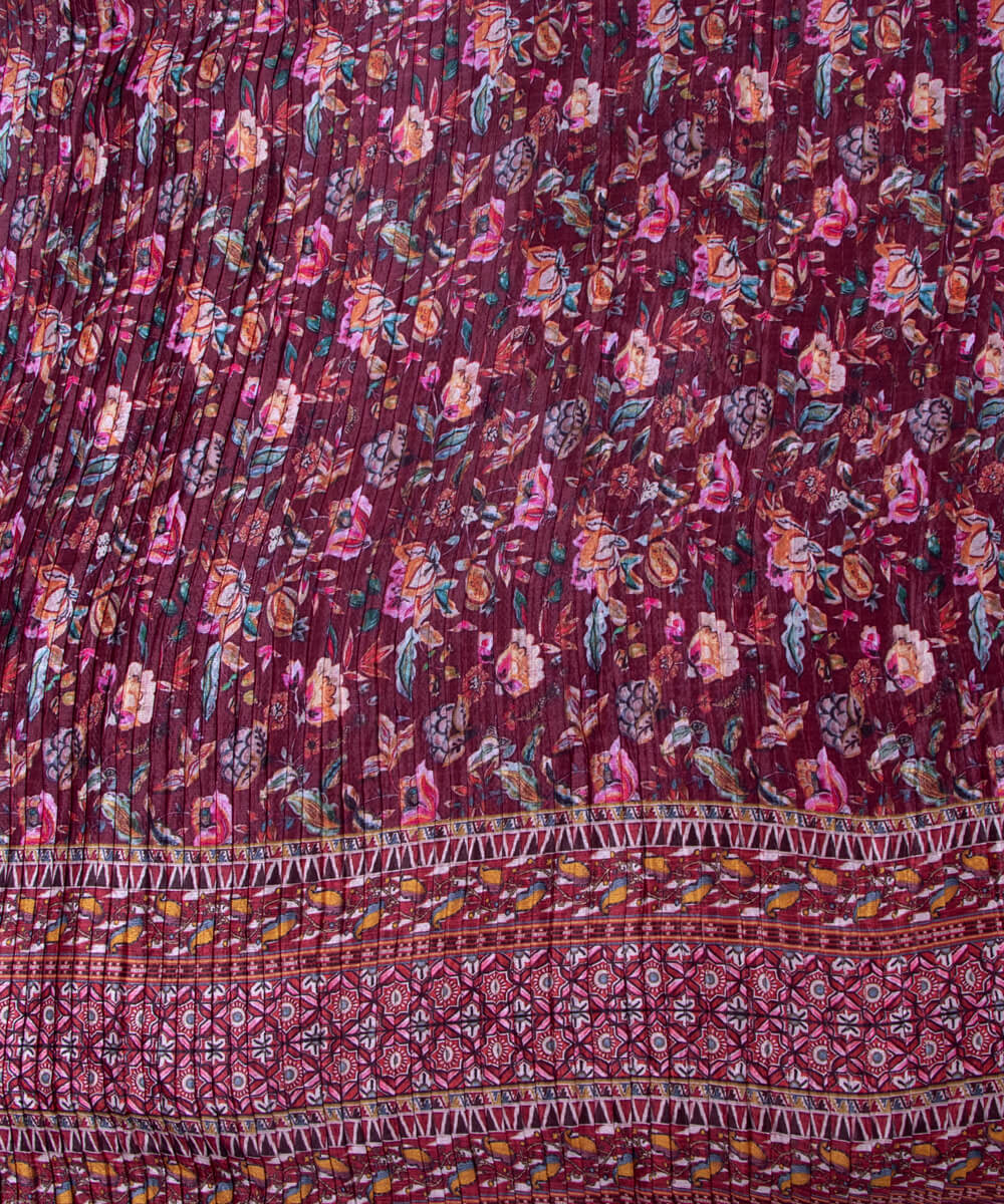 Dark Brown Colour Floral Digital Print Pleated Chinon Fabric