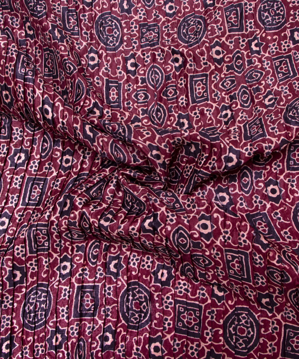 Brown Colour Abstract Digital Print Pleated Chinon Fabric