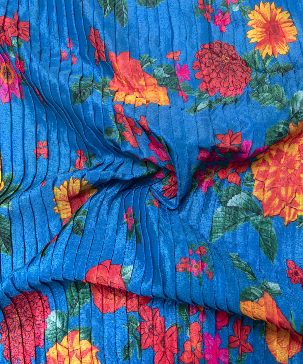 Bright Blue Colour Floral Digital Print Pleated Chinon Fabric
