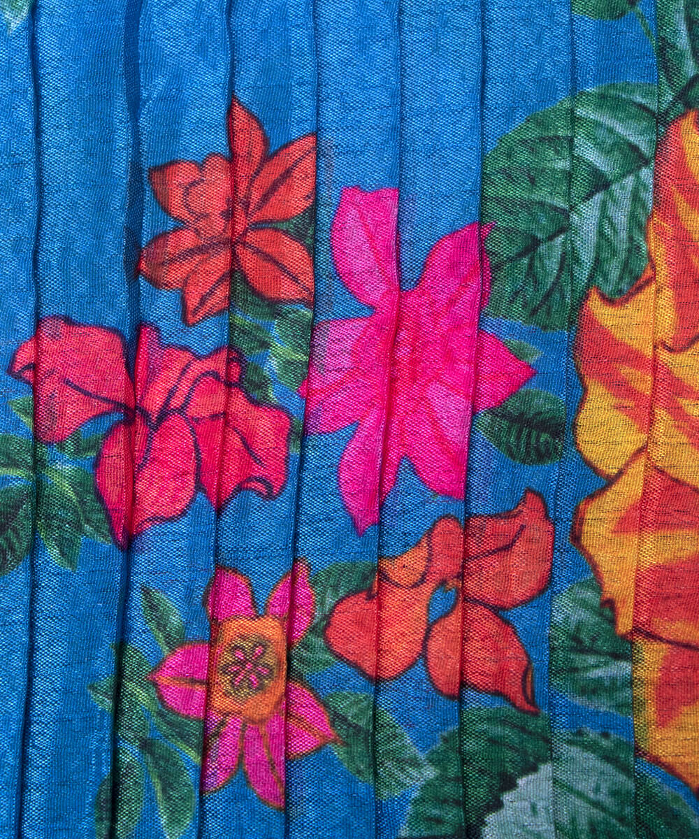 Bright Blue Colour Floral Digital Print Pleated Chinon Fabric