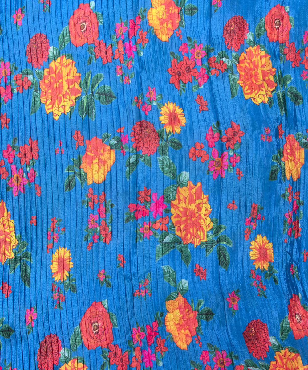 Bright Blue Colour Floral Digital Print Pleated Chinon Fabric
