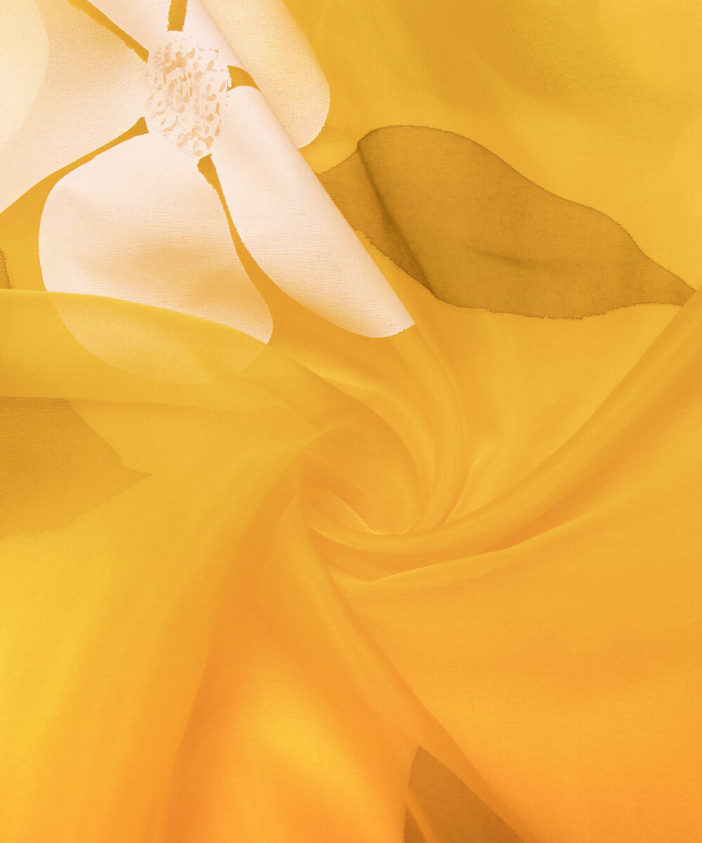 Yellow Colour Floral Pattern Hand Paint Organza  Fabric