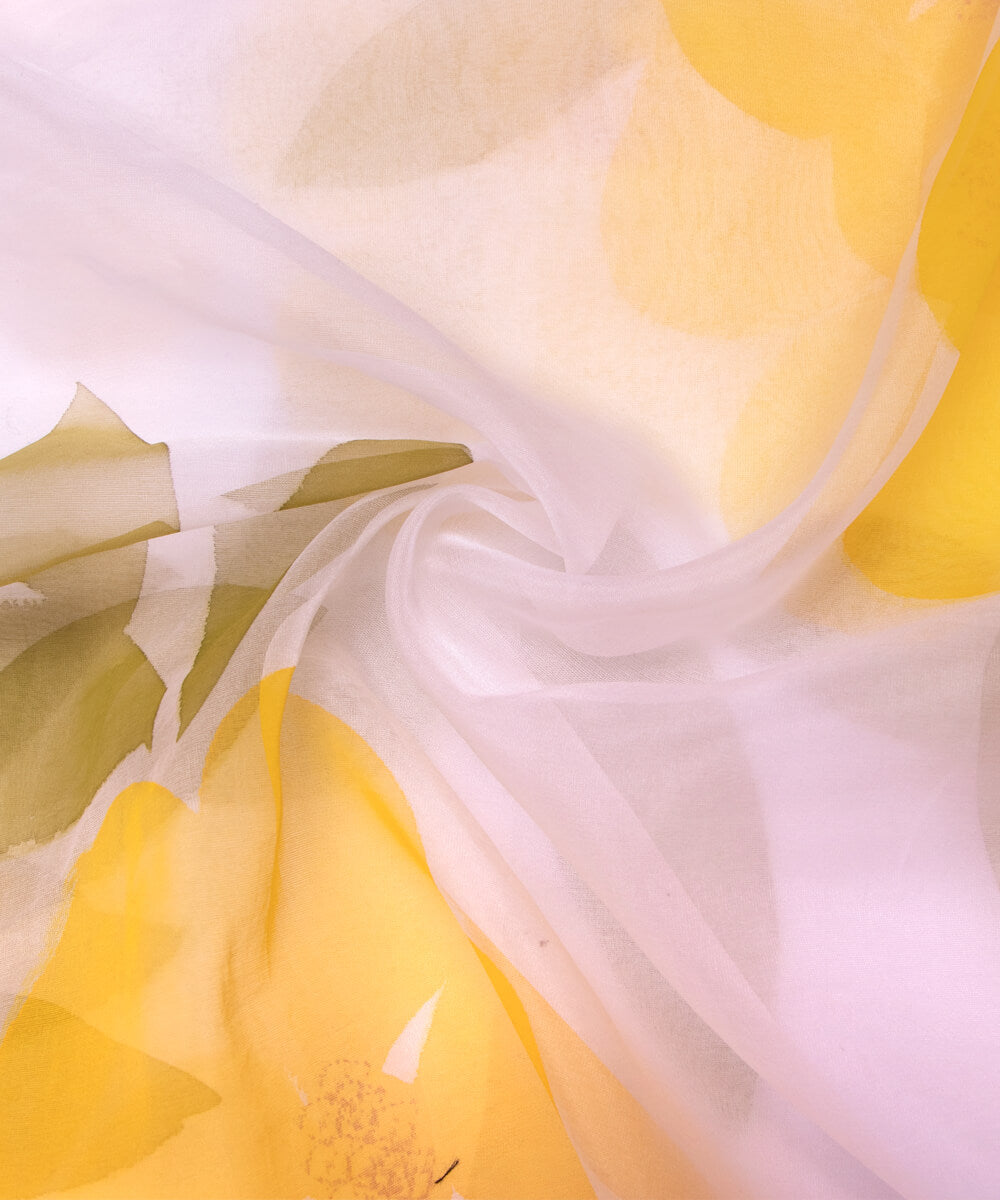 White Colour Floral Pattern Hand Paint Organza  Fabric