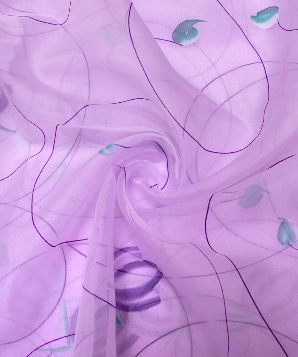 Lavender Colour Floral Pattern Hand Paint Organza  Fabric