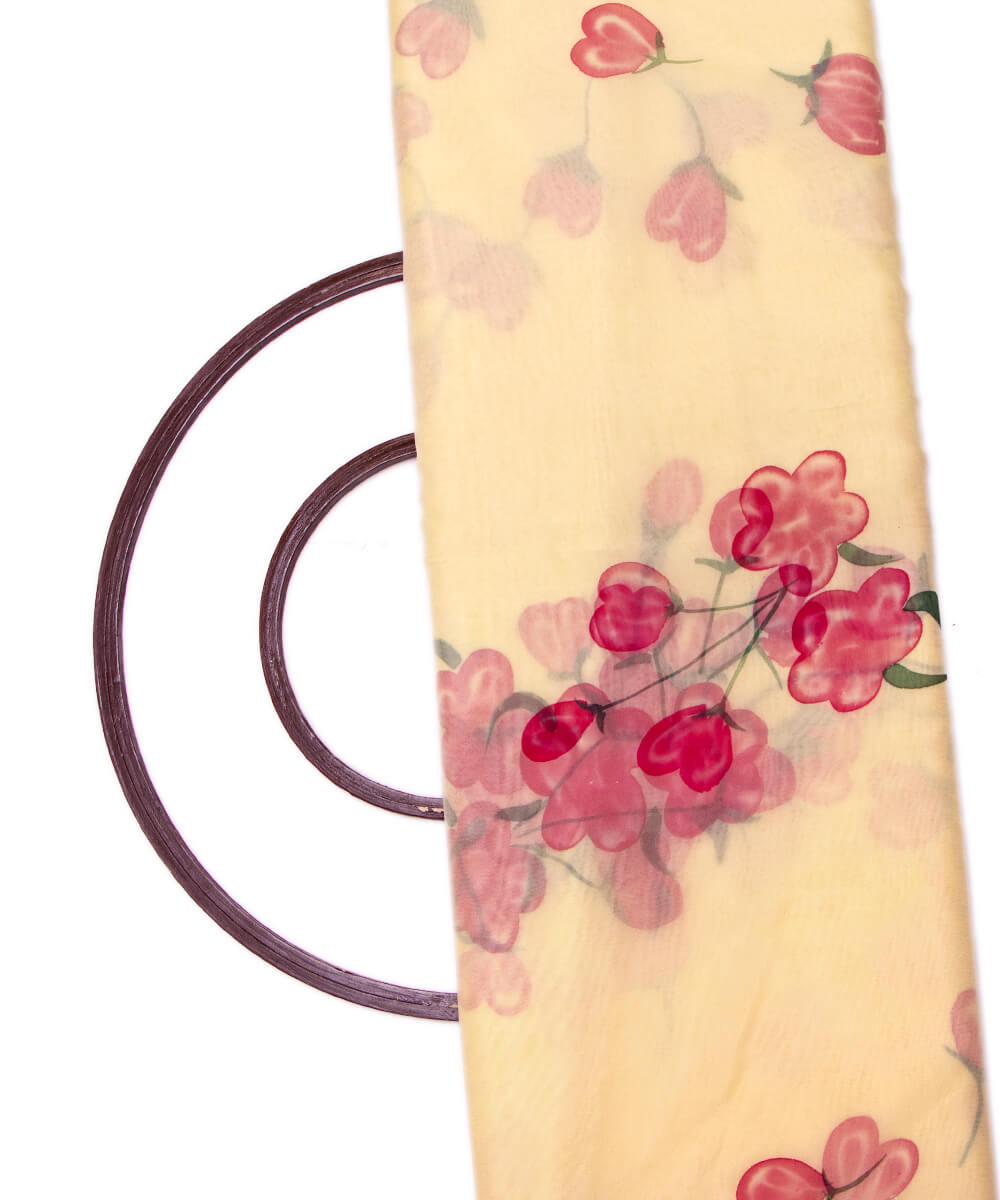 Light Beige Colour Floral Pattern Hand Paint Organza  Fabric