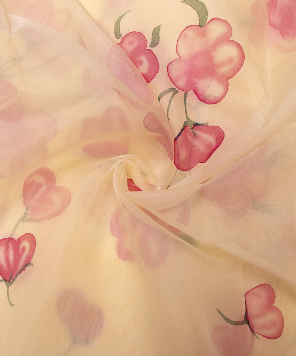 Light Beige Colour Floral Pattern Hand Paint Organza  Fabric