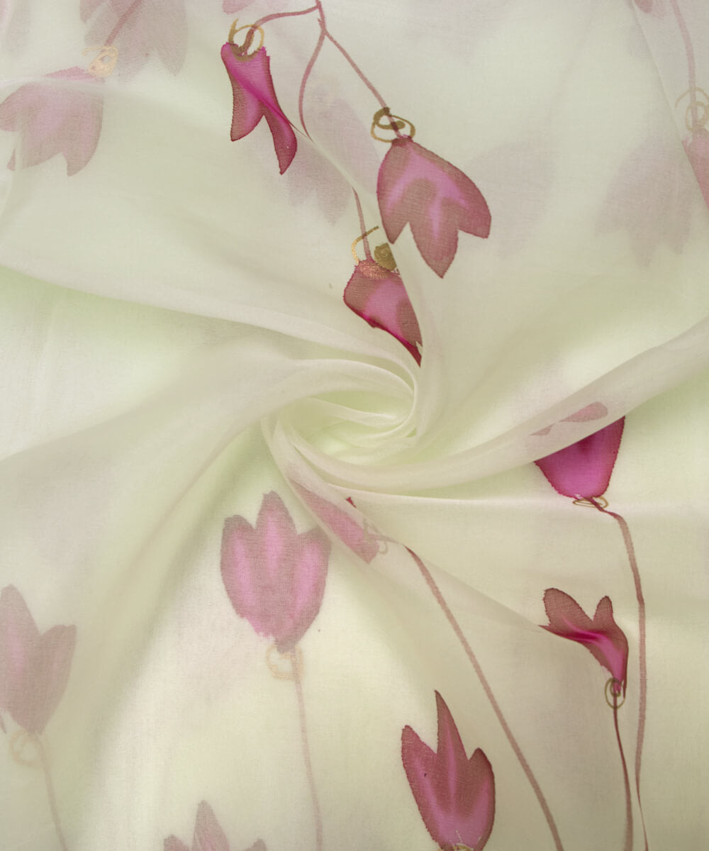 Light Mint Colour Floral Pattern Hand Paint Organza  Fabric