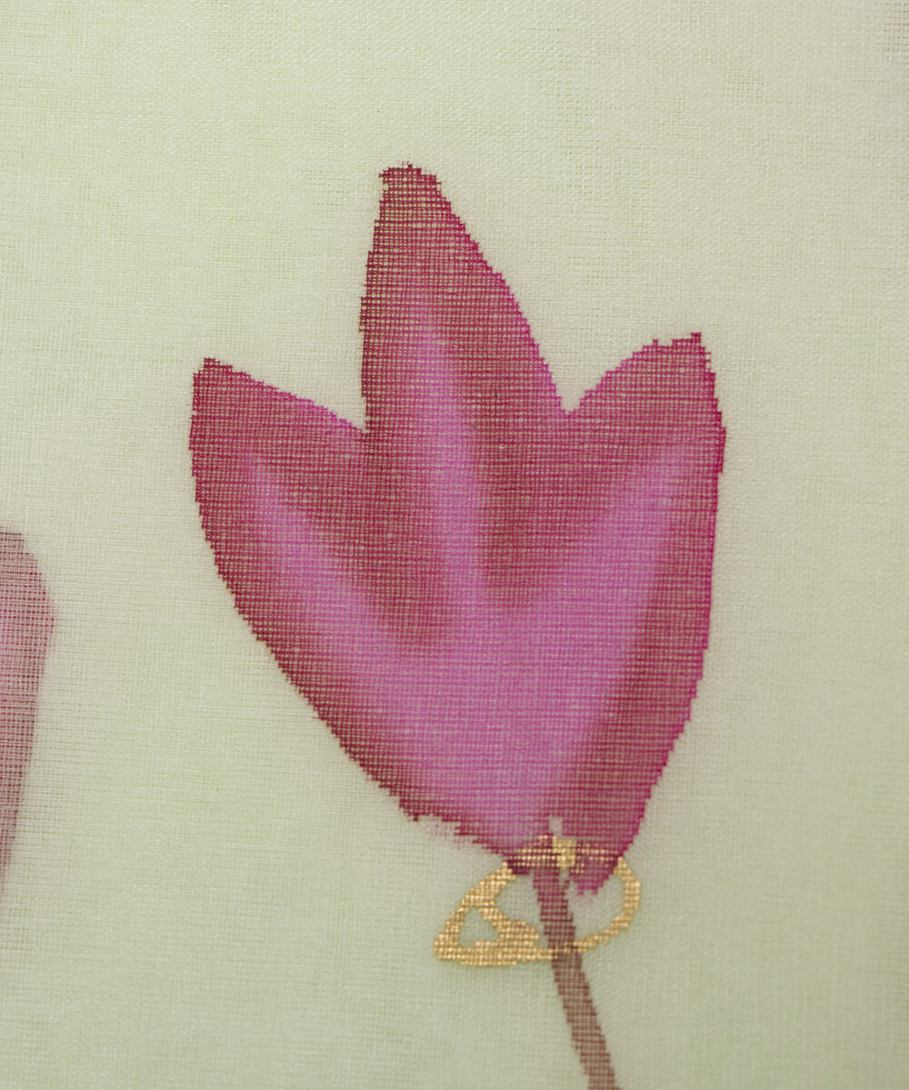 Light Mint Colour Floral Pattern Hand Paint Organza  Fabric