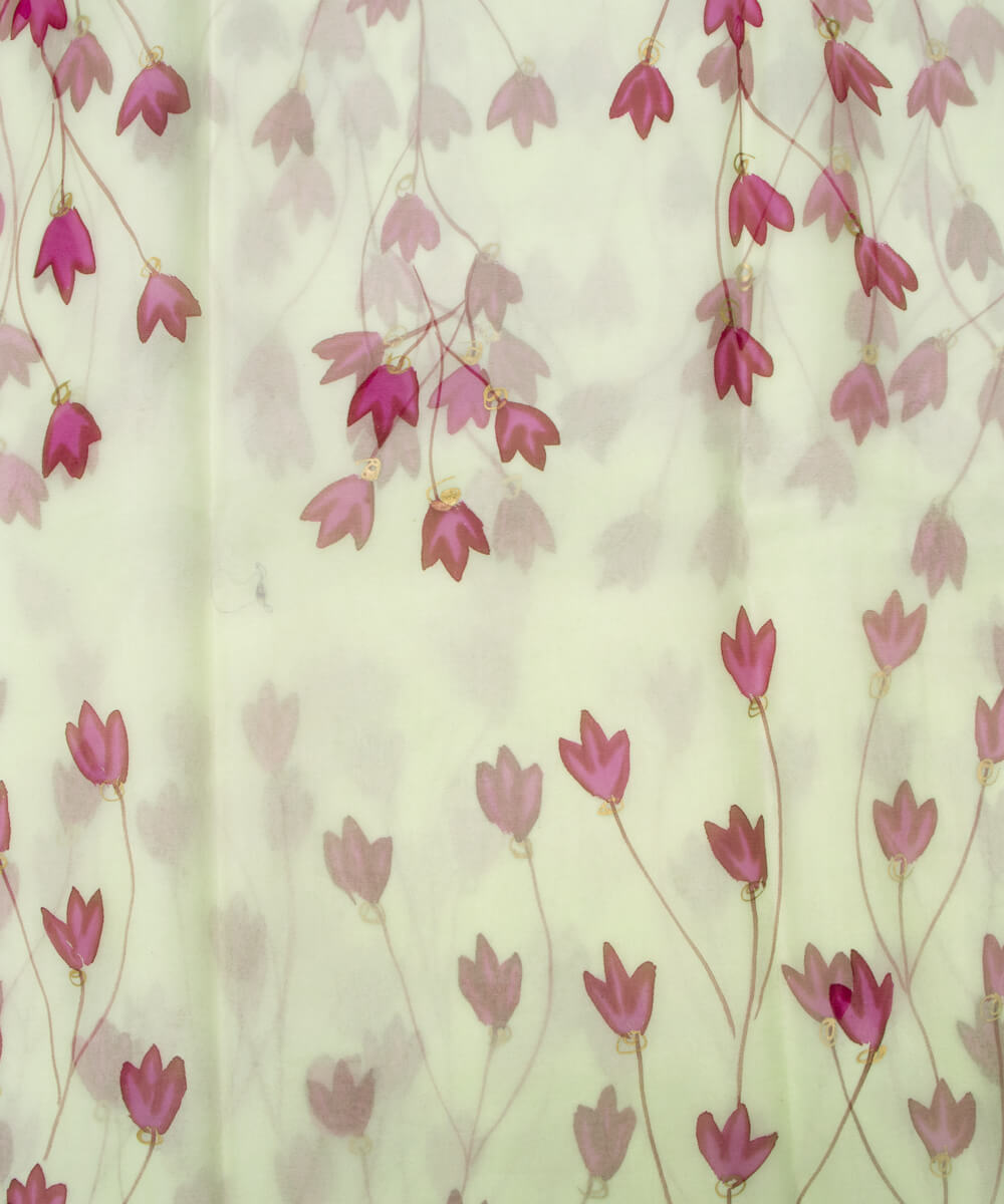 Light Mint Colour Floral Pattern Hand Paint Organza  Fabric