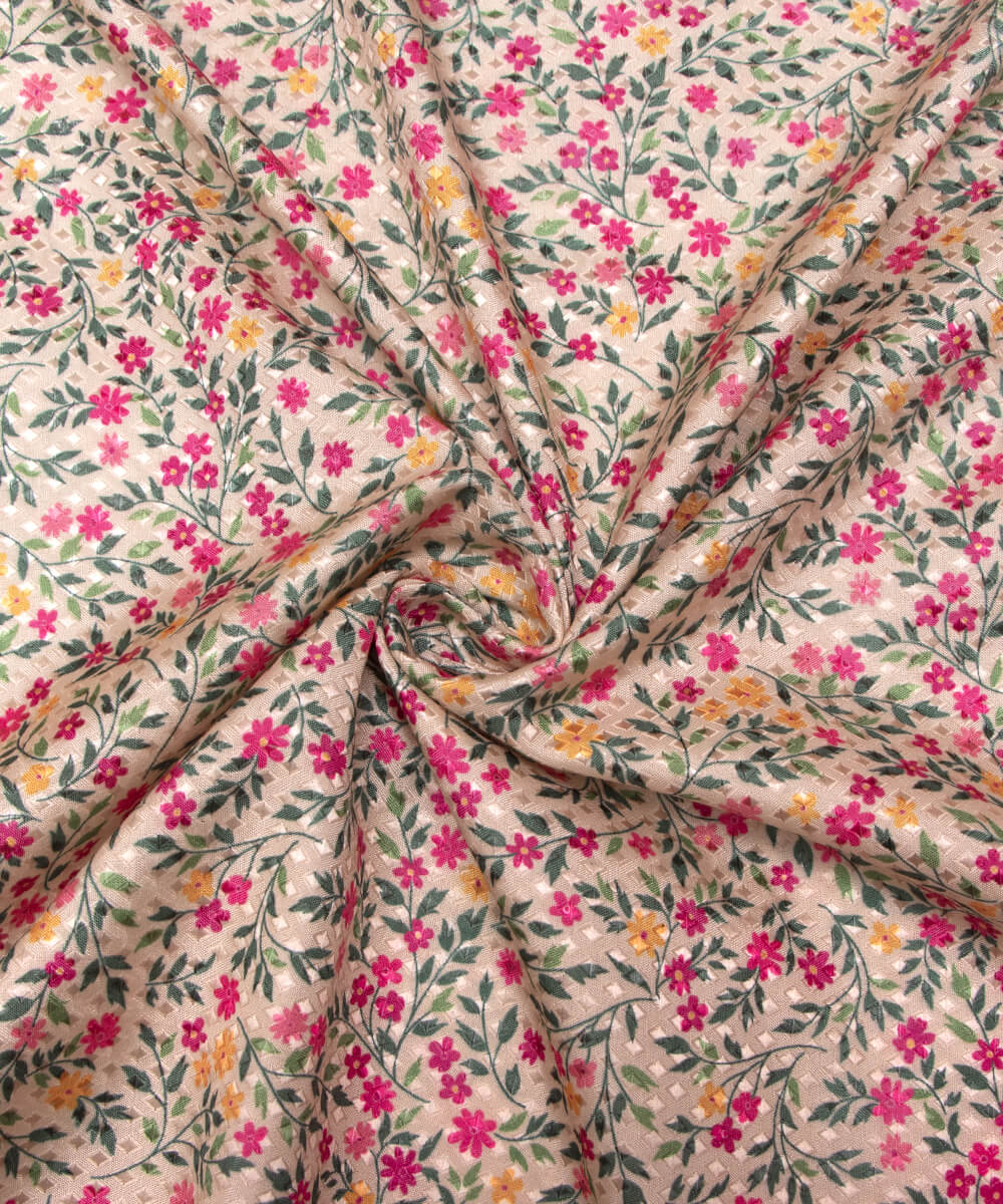 Cream Colour Floral Print Silk Jacquard Fabric