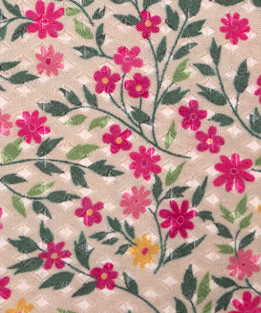 Cream Colour Floral Print Silk Jacquard Fabric