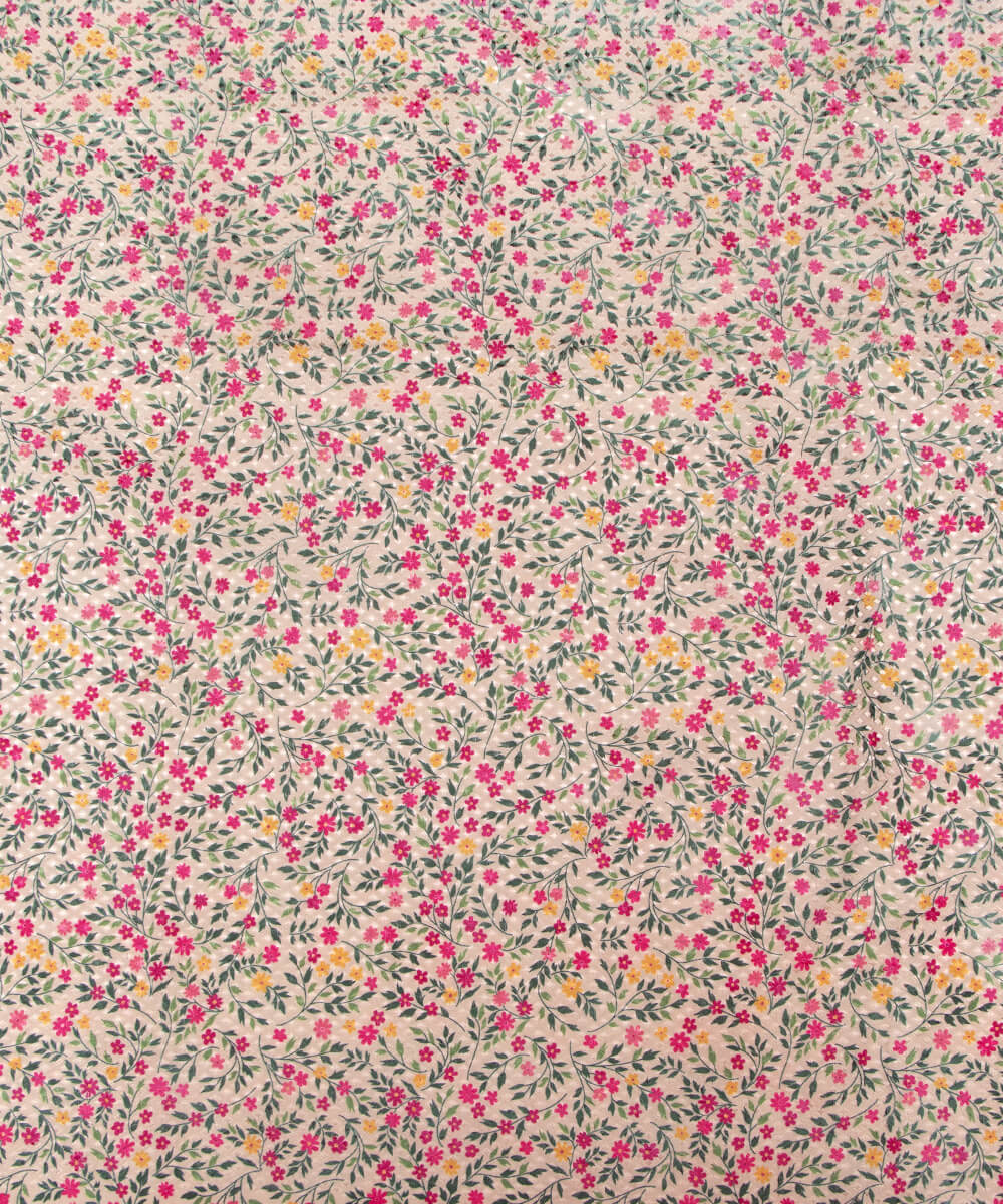 Cream Colour Floral Print Silk Jacquard Fabric