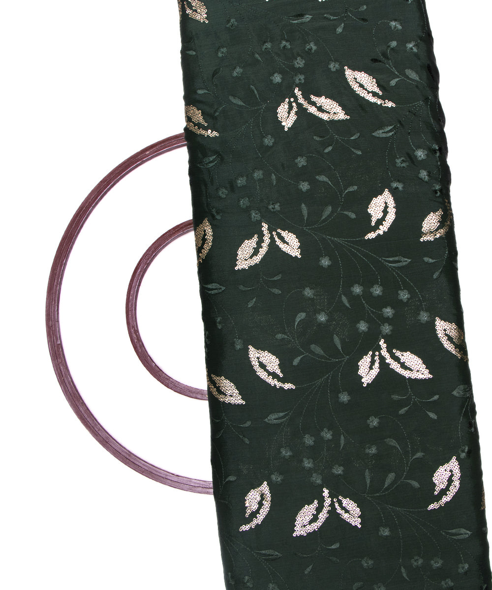 Bottle Green Colour Thread Sequin Embroidery Pure Chinon Silk Fabric