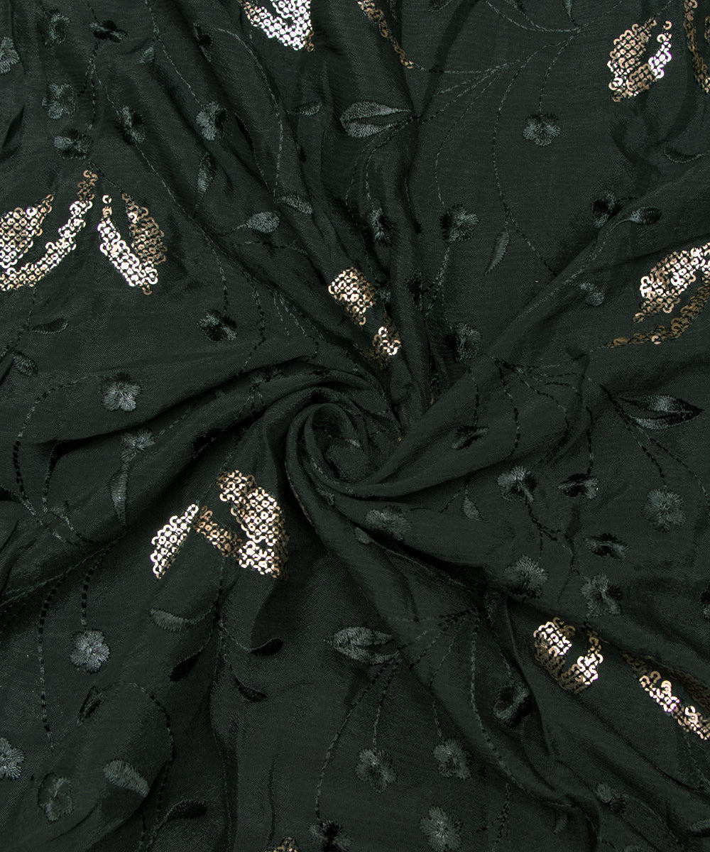 Bottle Green Colour Thread Sequin Embroidery Pure Chinon Silk Fabric