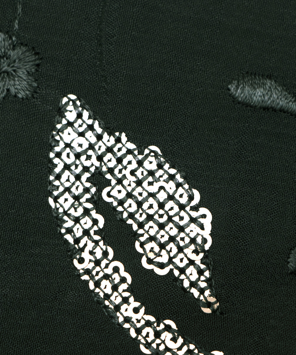 Bottle Green Colour Thread Sequin Embroidery Pure Chinon Silk Fabric
