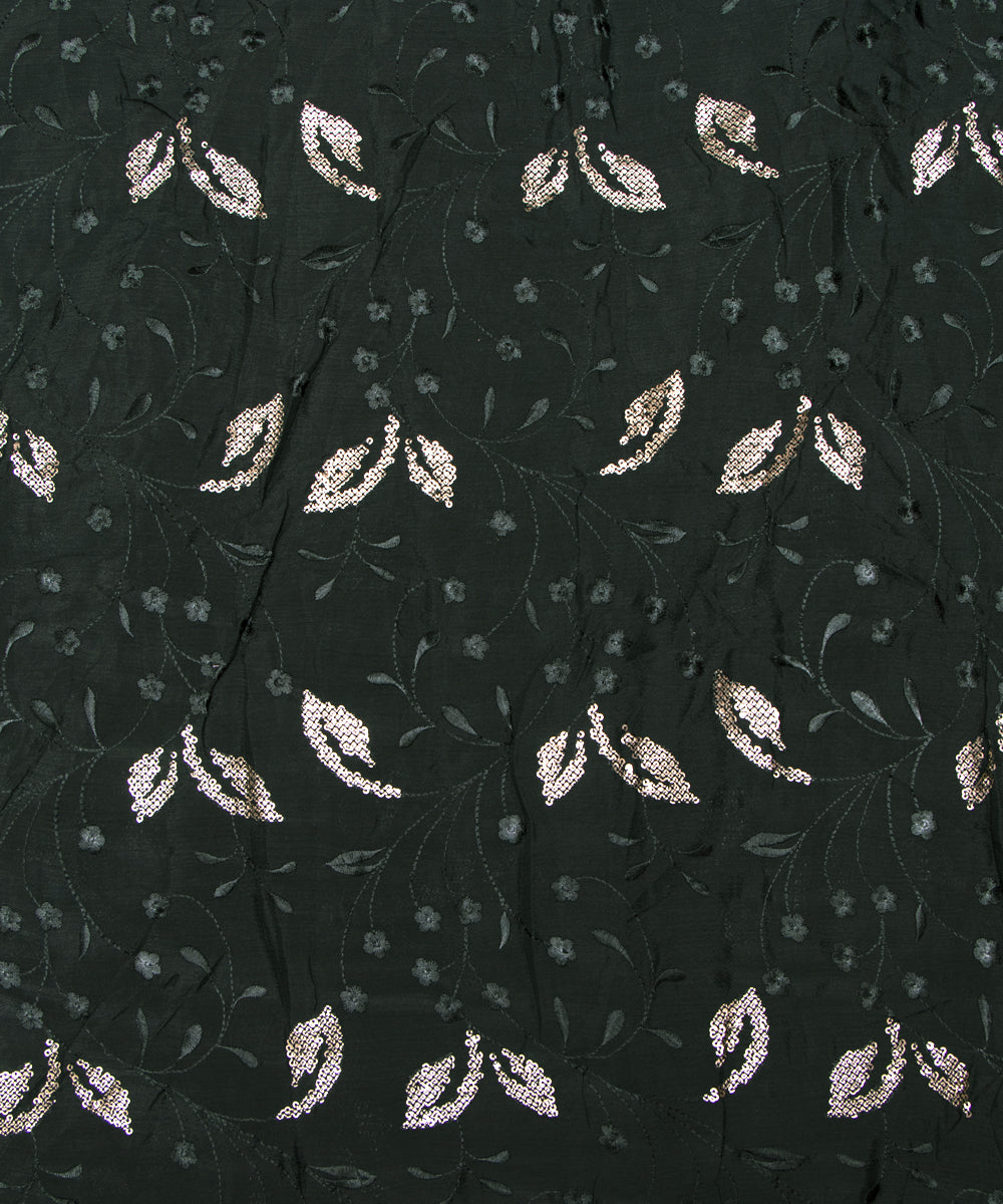Bottle Green Colour Thread Sequin Embroidery Pure Chinon Silk Fabric