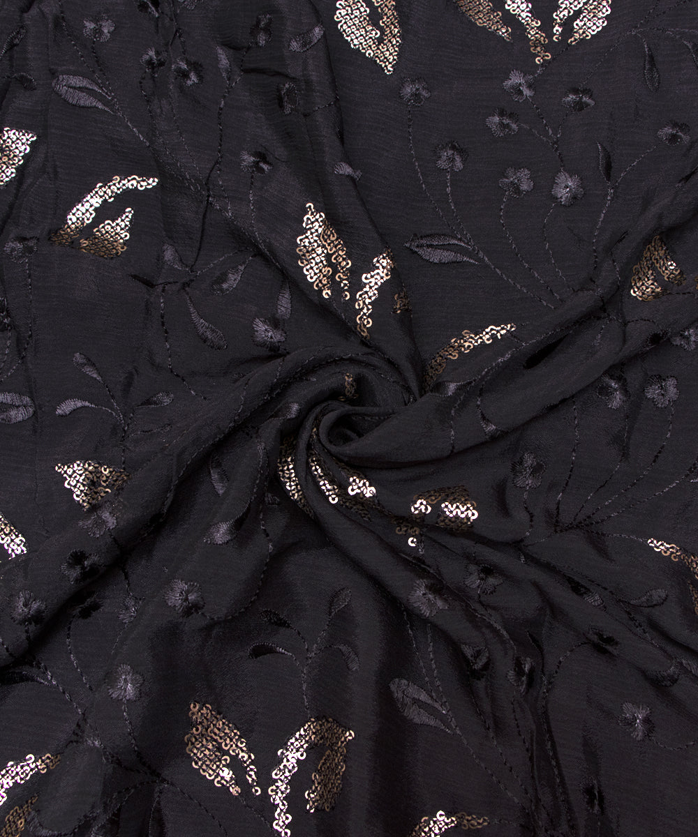 Black Colour Thread Sequin Embroidery Pure Chinon Silk Fabric