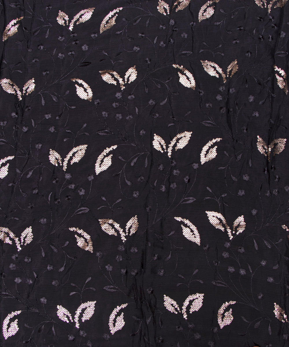 Black Colour Thread Sequin Embroidery Pure Chinon Silk Fabric