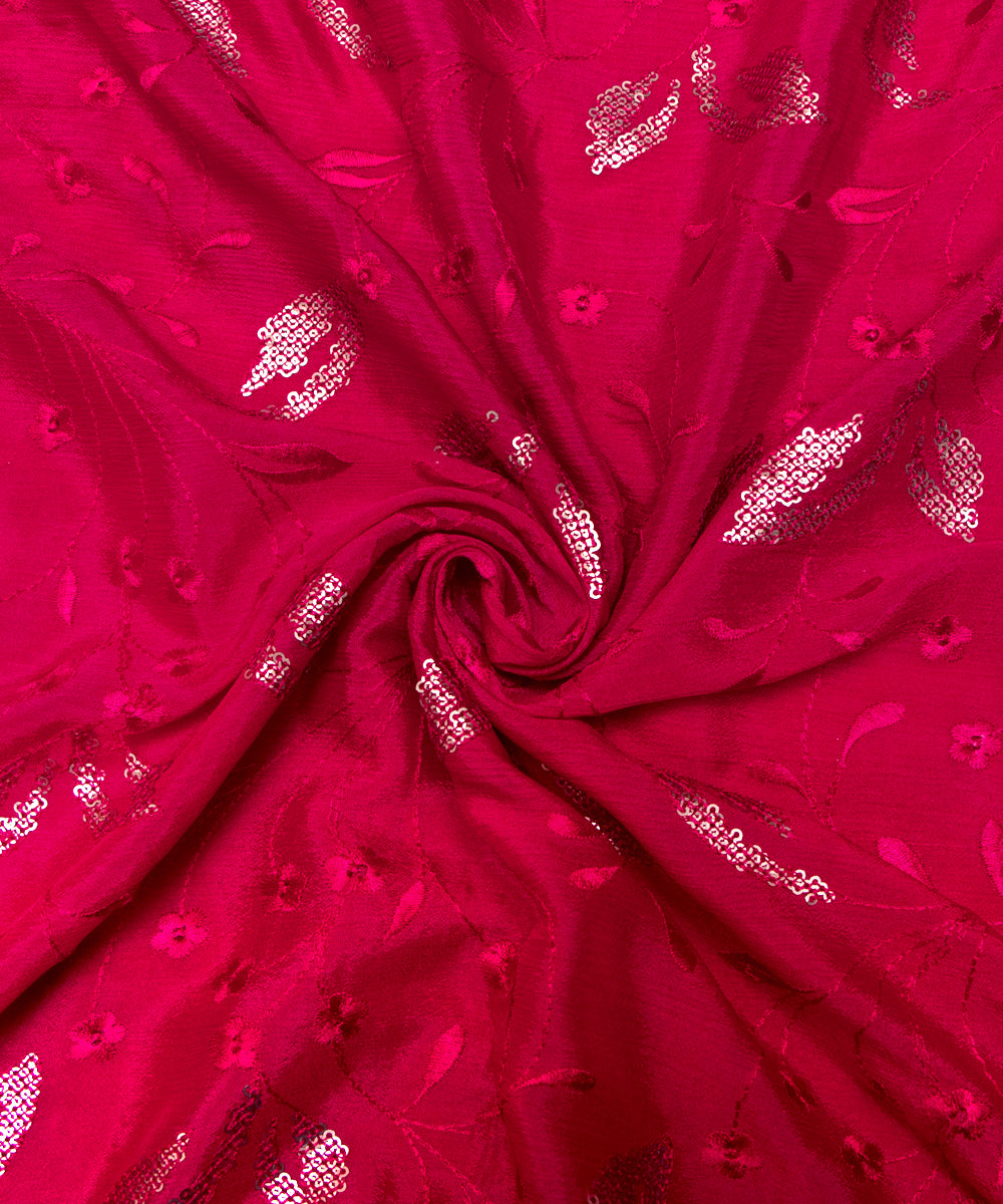 Fuchsia Colour Thread Sequin Embroidery Pure Chinon Silk Fabric