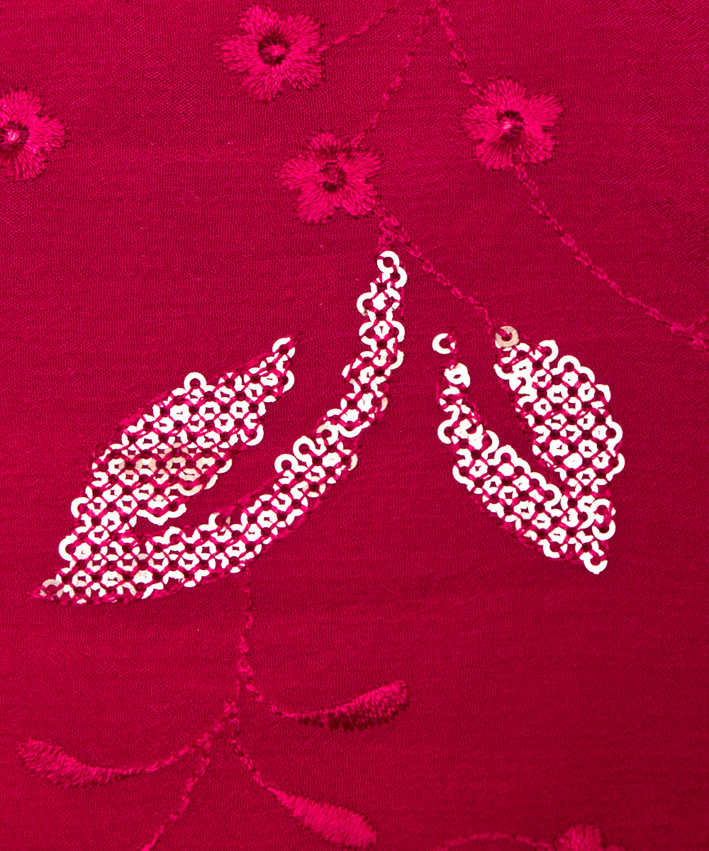 Fuchsia Colour Thread Sequin Embroidery Pure Chinon Silk Fabric