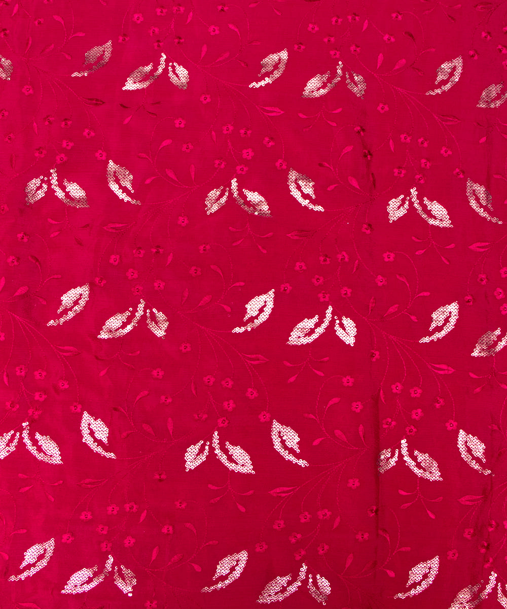 Fuchsia Colour Thread Sequin Embroidery Pure Chinon Silk Fabric