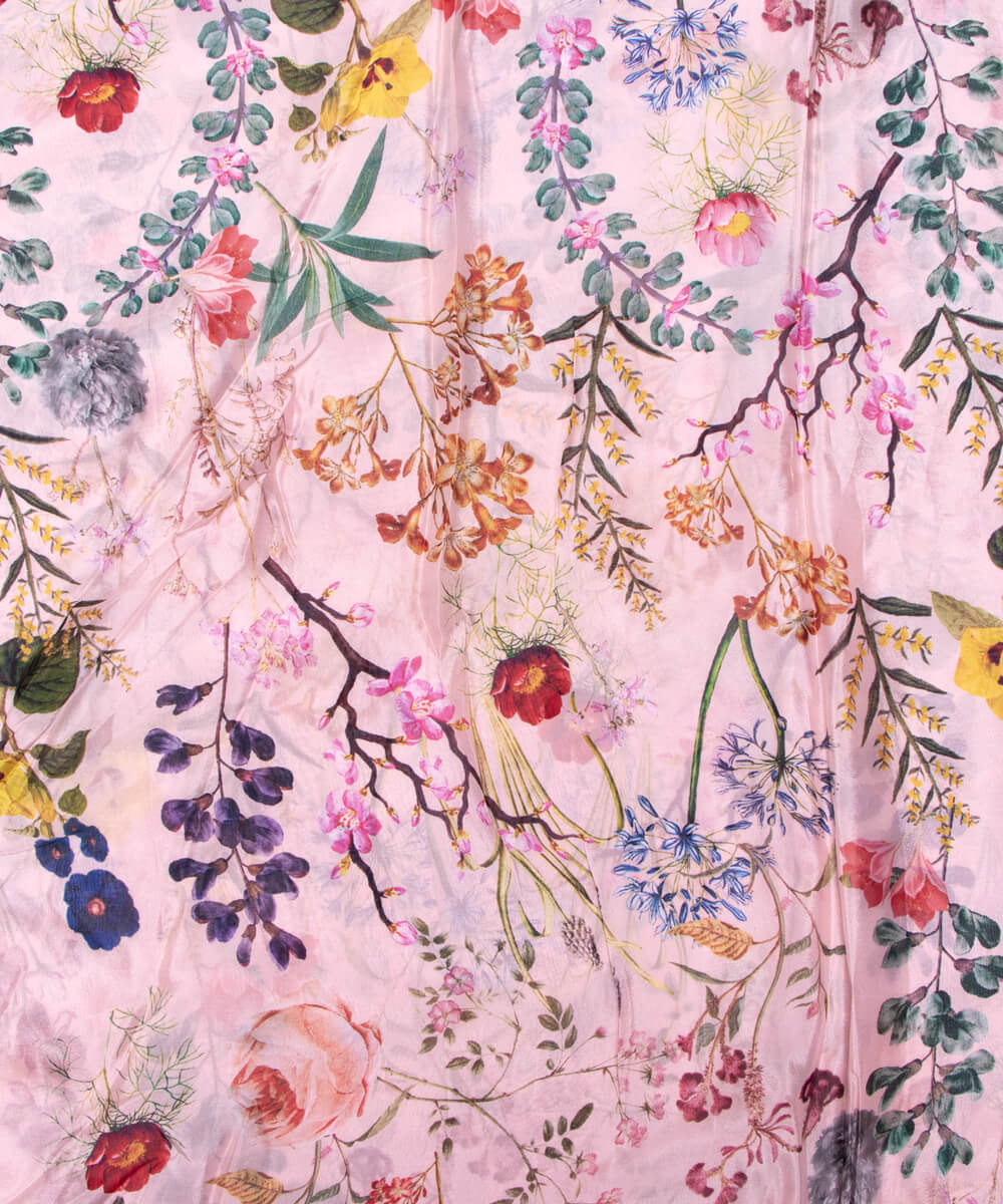Pastel Pink Colour Digital Floral Print Pure Chinon Silk Fabric