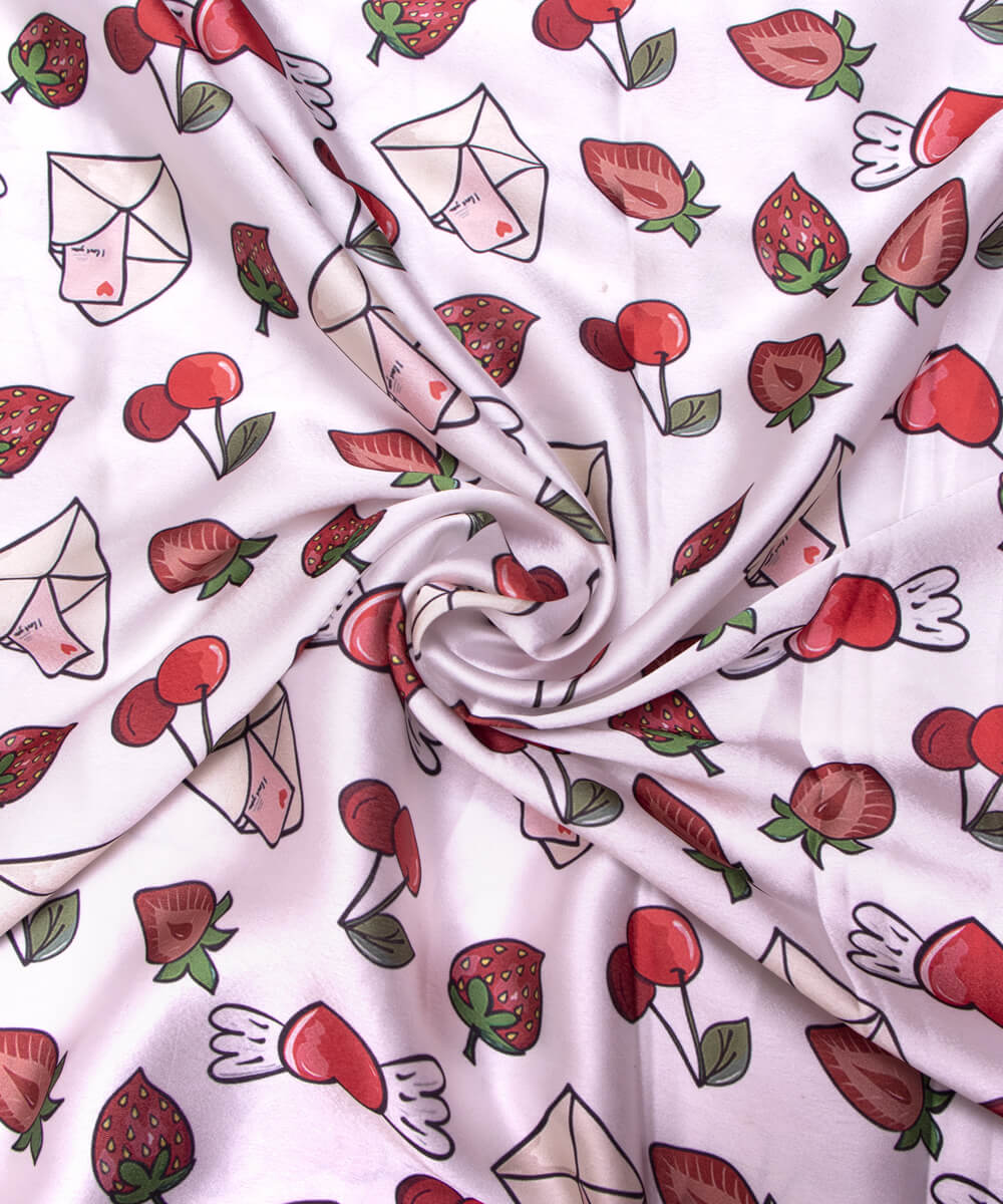 White Colour Kids Print Satin Fabric