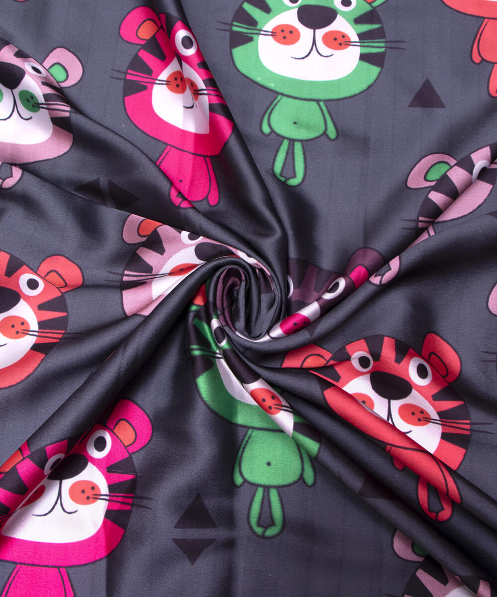 Dark Grey Colour Kids Print Satin Fabric