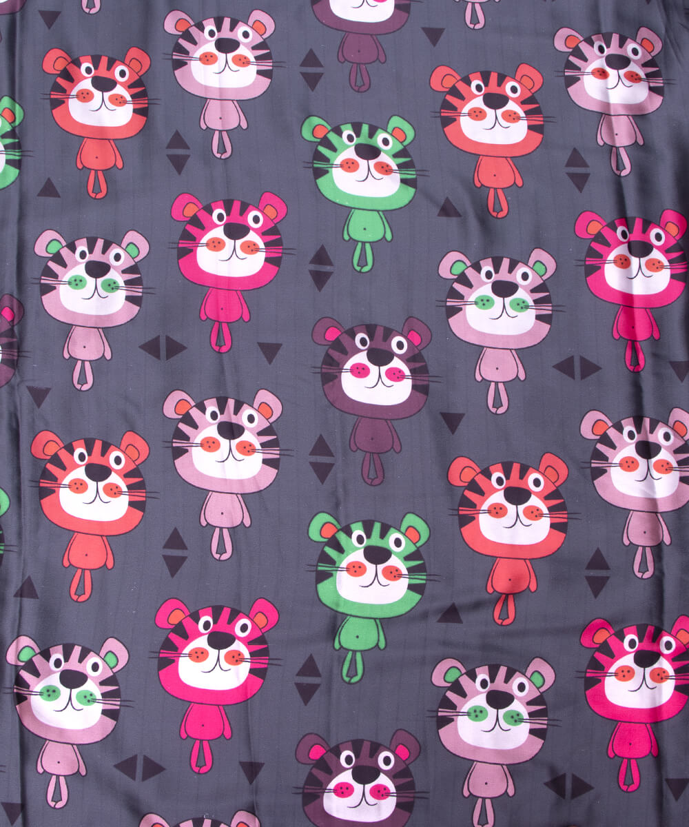 Dark Grey Colour Kids Print Satin Fabric