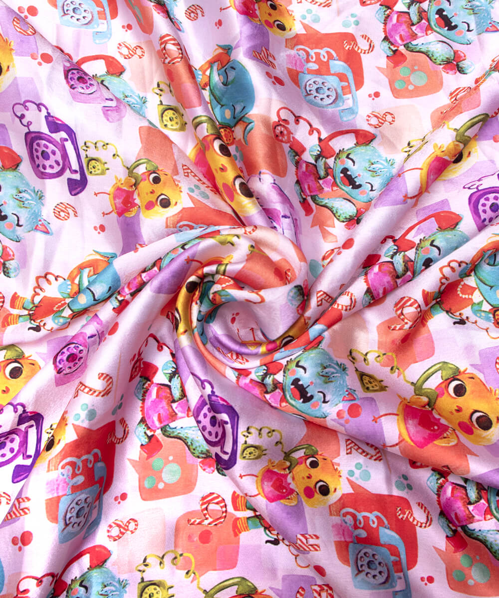 White Colour Kids Print Satin Fabric
