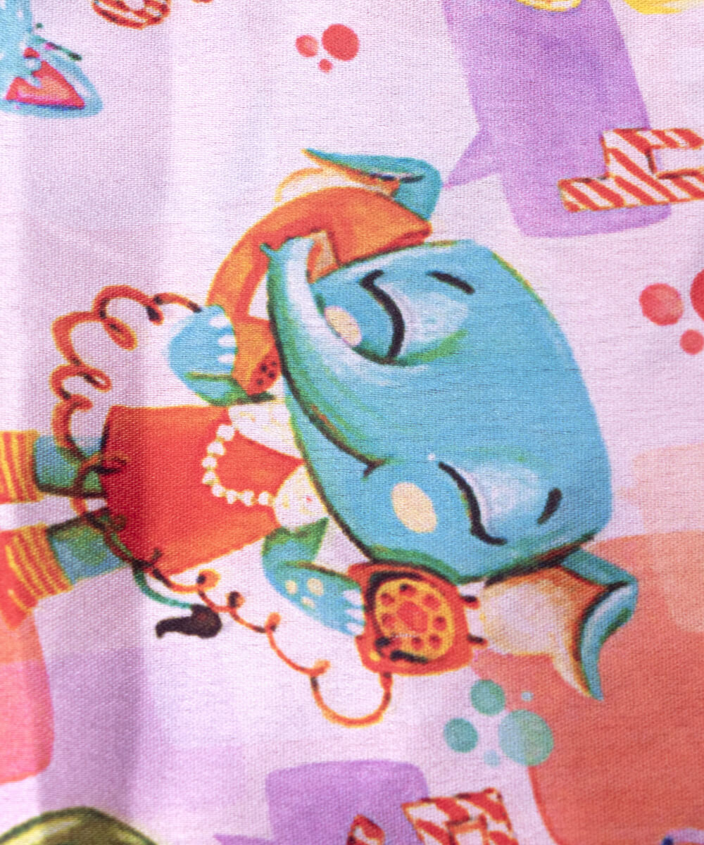 White Colour Kids Print Satin Fabric