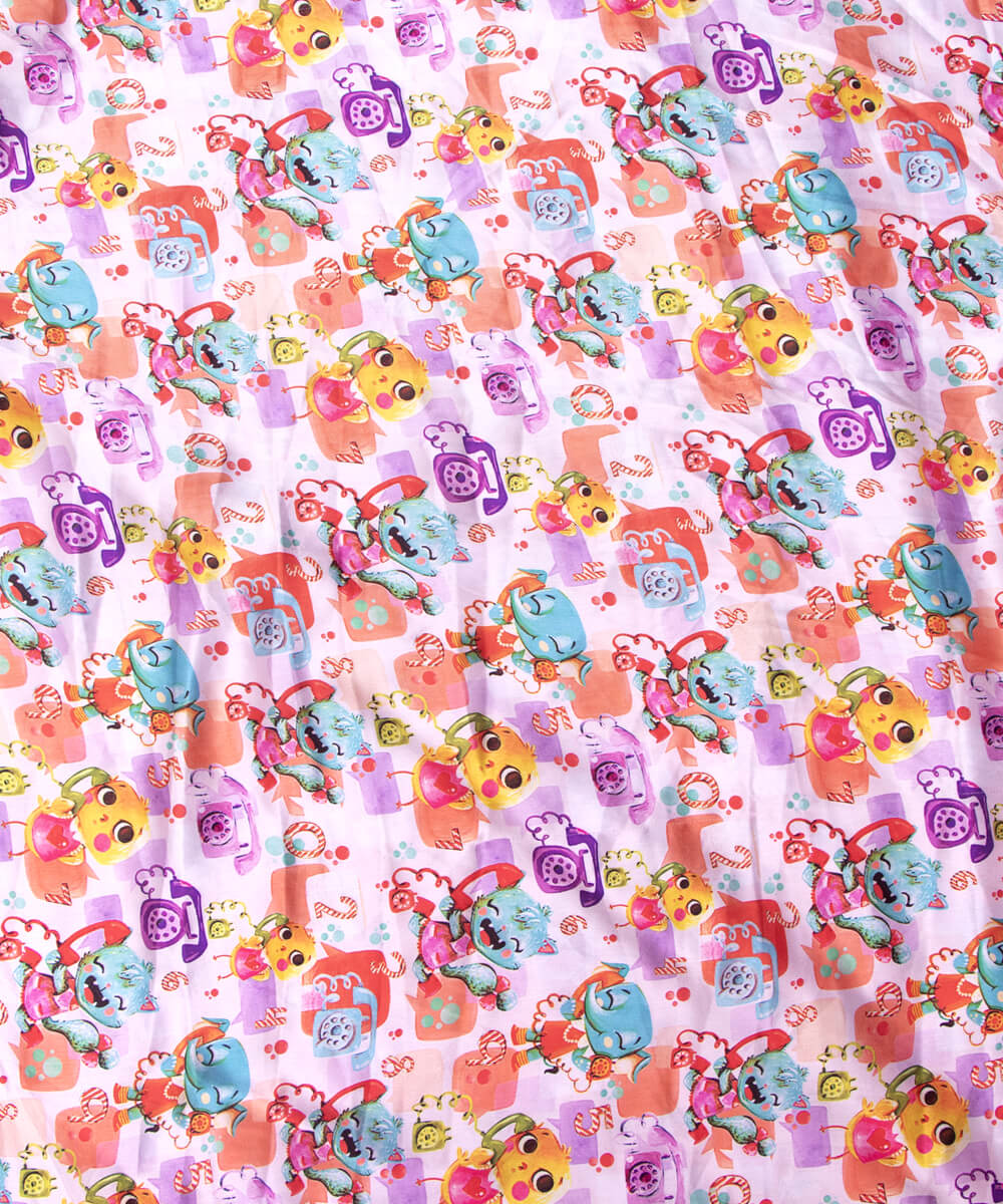 White Colour Kids Print Satin Fabric